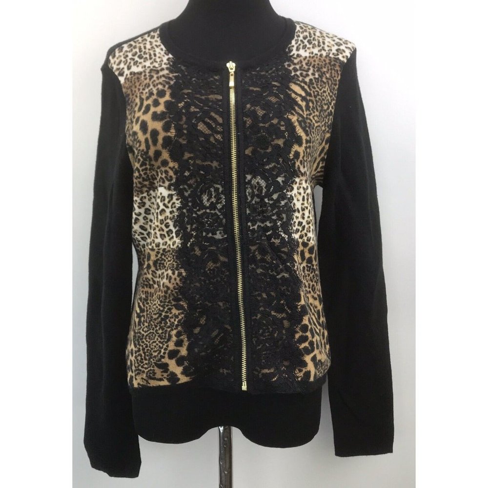 CHICOS Size 1 Leopard Cheetah Lace Trim Zip Up Cardigan Sweater Jacket